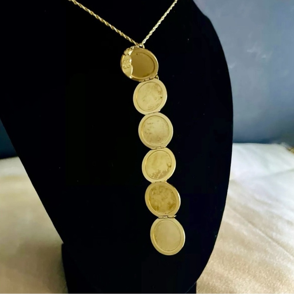 14K Gold Six [6] Round Picture Frame Charm Pendant + Rope Chain Necklace - Picture 5 of 16